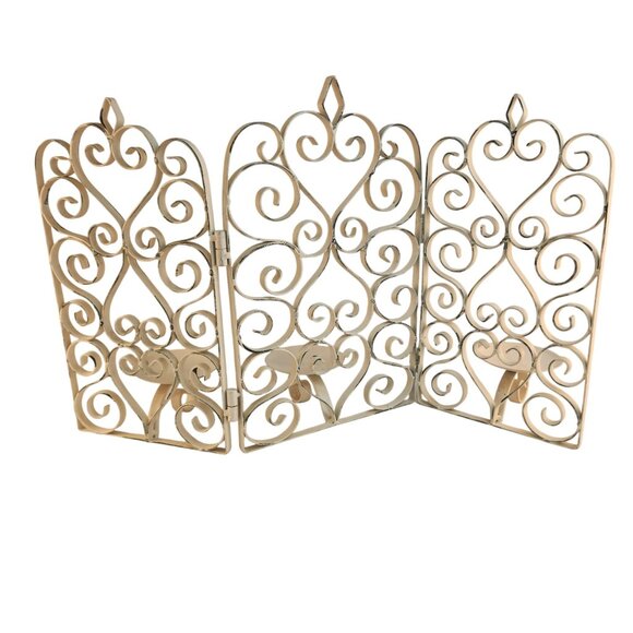 Scrolled Metal 3-Panel Folding Candelabra Screen Cream Distressed Finish - Picture 2 of 13